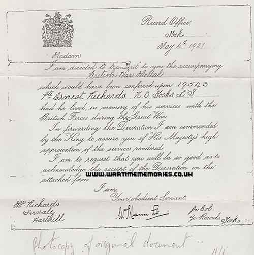 A letter referring to Ernest Richards Medal